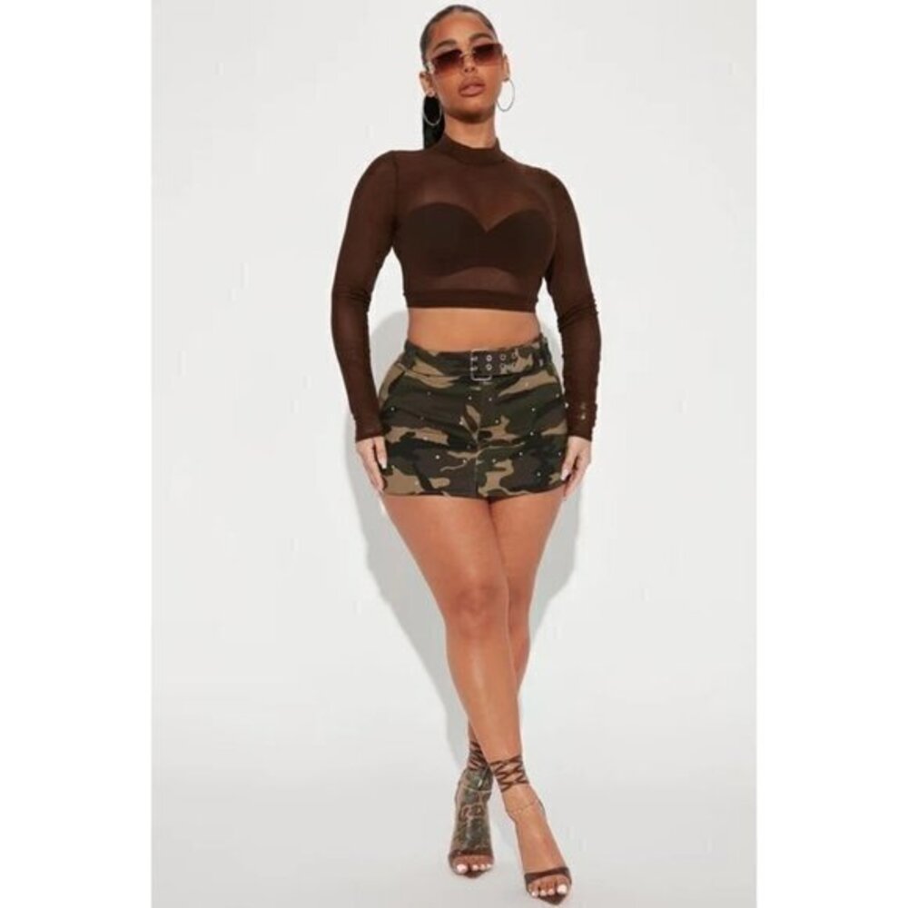 Bozzolo See Right Through You Mesh Long Sleeve Crop Top Brown Size L RefFNB3